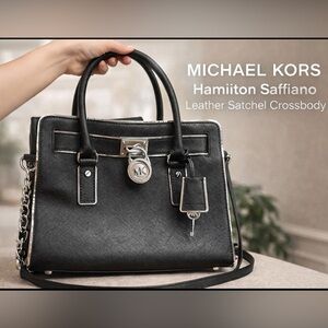 Michael Kors Hamilton Black Leather Satchel Crossbody Silver Trim Purse